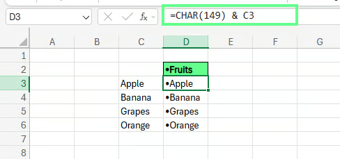 Adicionando marcadores usando a função CHAR() no Excel