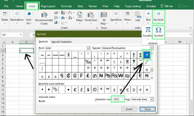 Adicionando marcadores usando o método Símbolo no Excel