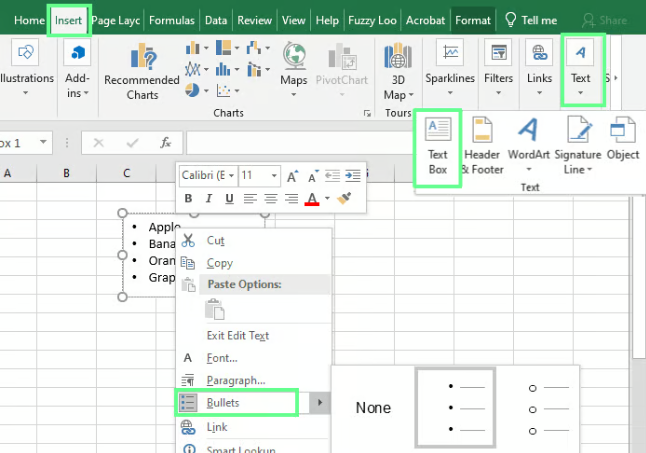 Inserindo marcadores usando uma Caixa de Texto no Excel