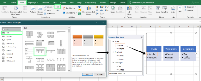 Inserindo marcadores usando uma ferramenta de gráfico SmartArt no Excel