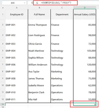 Utilisation de COUNTIF pour compter les employés avec des salaires élevés dans Excel