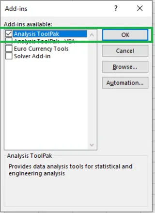 Aktivieren des Data Analysis ToolPak