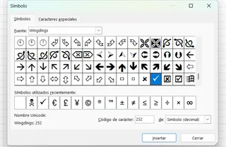 기호 대화 상자의 체크 표시. 문자 코드 2