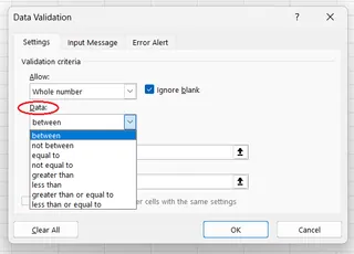 如何在Excel中選擇邏輯條件來限制資料驗證的資料範圍/長度。 3