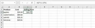 A formula showing an original price in cell B2 being multiplied by (1-33%) to calculate a discounted price. 2