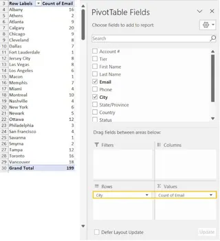 The PivotTable Fields pane showing fields being dragged into the Rows and Values areas 3