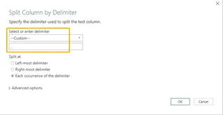 The Power Query dialog box for splitting a column by a custom delimiter. 3