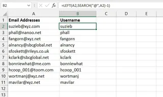 Extracting username with LEFT and SEARCH functions in Excel
