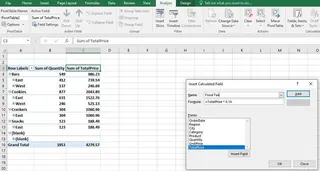 The Insert Calculated Field dialog box in Excel. The Insert Calculated Field dialog box in Excel.