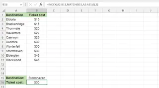 An Excel sheet showing a nested INDEX/MATCH formula to look up a bus ticket price. 2