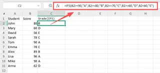 점수를 기준으로 문자 등급을 부여하는 IFS 함수를 시연하는 Excel 시트.