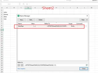 복잡한 OFFSET 및 COUNTA 수식을 보여주는 Excel 이름 관리자 대화 상자