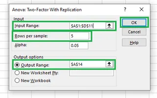 填寫 Anova: Two-Factor With Replication 的詳細資訊。 12