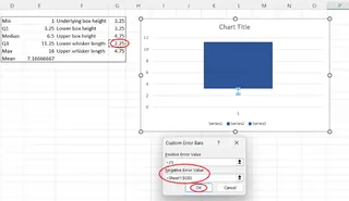 在 Excel 中從頭開始建立盒鬚圖的下鬚線時,如何指定下鬚線的長度。圖片由作者提供。 7 在 Excel 中從頭開始建立盒鬚圖的下鬚線時,如何指定下鬚線的長度。圖片由作者提供。 7