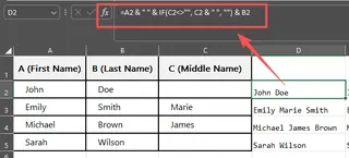Eine einfache Formel, die das Und-Zeichen verwendet, um Vor- und Nachnamen zu kombinieren. 1