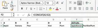 Joining a range of cells using Excel CONCAT 3
