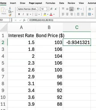 Excel CORREL array example 1