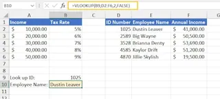 An example of VLOOKUP finding an employee name using an ID.