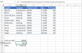 An example of XLOOKUP being used to find a product code with a custom 