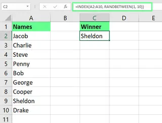 Pick a random name from a list using RANDBETWEEN function in Excel. 8