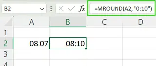 Excel에서 MROUND() 함수를 사용하여 시간을 가장 가까운 분으로 반올림하기. 5