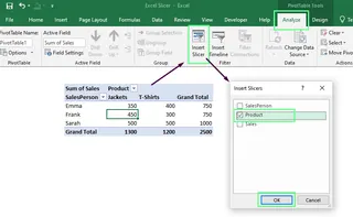 Inserting a slicer to the pivot table in Excel 2
