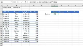 Uma planilha de Excel mostrando uma fórmula SUMIFS mais complexa que usa uma referência de célula e um operador 