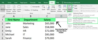 在Excel工作表中凍結頂端列 1