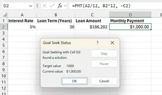 Excel Goal Seek result for the loan payment example 8 Excel Goal Seek result for the loan payment example 8