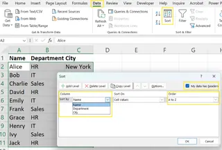 Using the Sort dialog box to alphabetize single column in Excel. 3