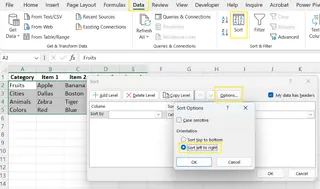 Using the Sort dialog box to sort rows alphabetically in Excel. 5