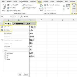 Using filters to sort data alphabetically in Excel. 7