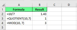 Dividindo os números usando a função MOD() para obter o resto do resultado no Excel 5