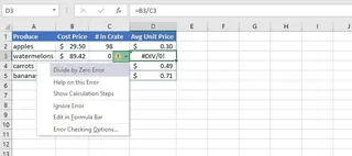 Excelで #DIV/0! エラーを返す数式。