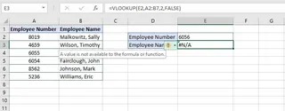 VLOOKUP が #N/A エラーを返している図。