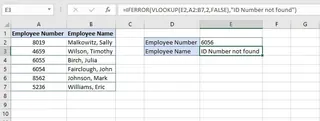 VLOOKUP エラーに対してカスタムメッセージを表示するためにIFERRORを使っている図。