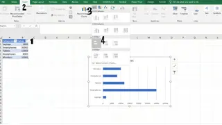 Excel interface showing the Insert tab with bar chart options highlighted. 2