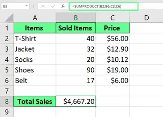 Usar SUMPRODUCT para multiplicar y sumar los resultados en Excel. 10