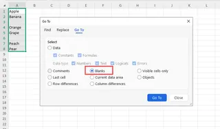 Go To Special dialog box in Excel to select blanks