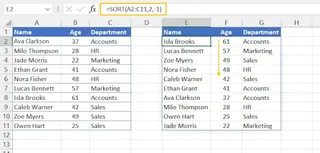 Using the SORT function in Excel