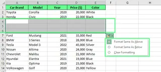 Excel에서 삽입 옵션을 사용하여 새 행이 추가됨. 2