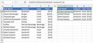 Une formule imbriquée SORT et FILTER dans Excel, montrant une liste filtrée et triée de sandwiches par prix.