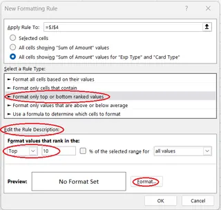 How to select a rule type, build a rule, and open the format constructor in the Conditional Formatting Rules Manager. Image by Author. 5