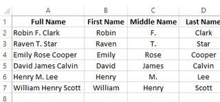 Split names into first, middle, and last names when names in Excel 11