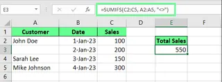 Sumando todas las celdas no vacías con la función SUMIFS() en Excel. 3