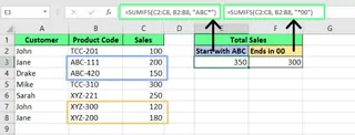 Sumando los valores usando comodines en la función SUMIFS en Excel 5