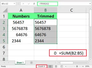 Usando TRIM en valores numéricos en Excel. 3