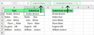Combinar SUBSTITUTE y TRIM para eliminar los delimitadores en Excel. 5