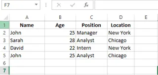 A table containing a list of employee name, their age, position and location. 9