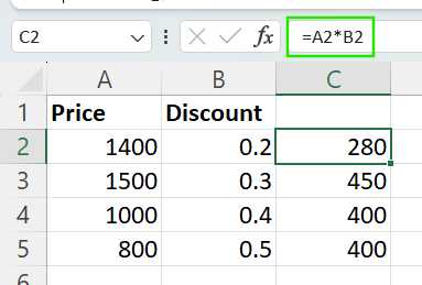 Ejemplo de referencia relativa en Excel.
